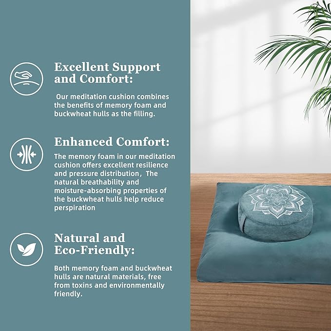 Meditation Zafu Cushion Set with Buckwheat Hulls & Memory Foam - Ergonomic Support for Yoga & Sitting - Removable Machine-Washable Luxury Velvet Cover - for Adults and Kids (Green)