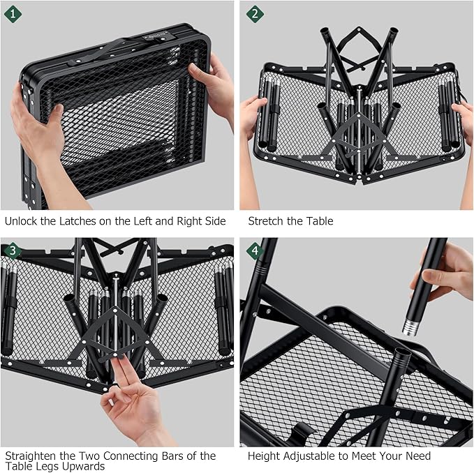 JiGiU Folding Camping Table Pinic Table Height Adjustable Foldable Table 180lbs Load with Carry Handle More Stable Feet for Outdoor Indoor Hiking Camp BBQ Beach (Black, Iron Mesh Tabletop)