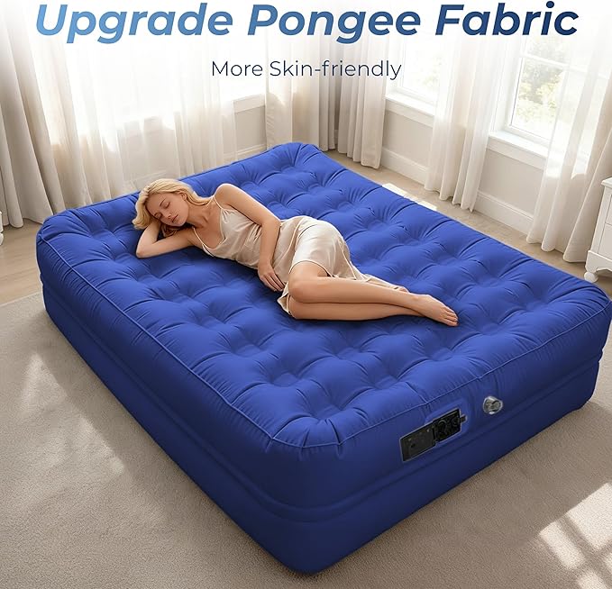 Air Mattress Queen with Built-in Pump - 3 Min Fast Inflation/Deflation Wireless Rechargeable Pump, Portable Camping Air Bed, Cooling Pongee Fabric Blow Up Mattress, (18" Indigo)