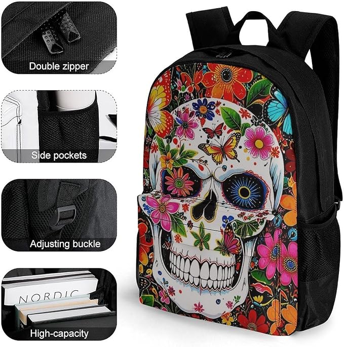 Supdreamc Lightweight Daypack Bookbag for Trekking Business Walking Cycling, Big Capacity Anti-Theft Multipurpose Carry On Bag, Magical Skull Flowers Art Business Computer Bag