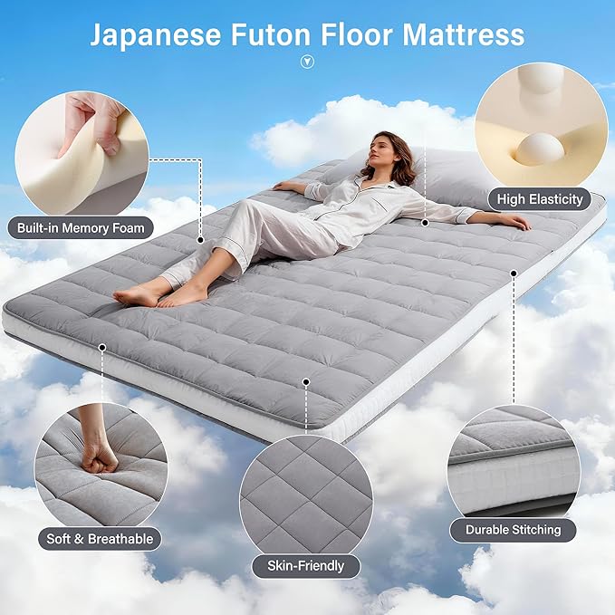 Welnow Japanese Futon Floor Mattress, Queen Size Thick Tatami Mat Portable & Foldable Roll Up Floor Bed Mattress with Storage Bag, Sleeping Pad for Adults, Dorm, Guest Bed, Camping and Travel, Grey