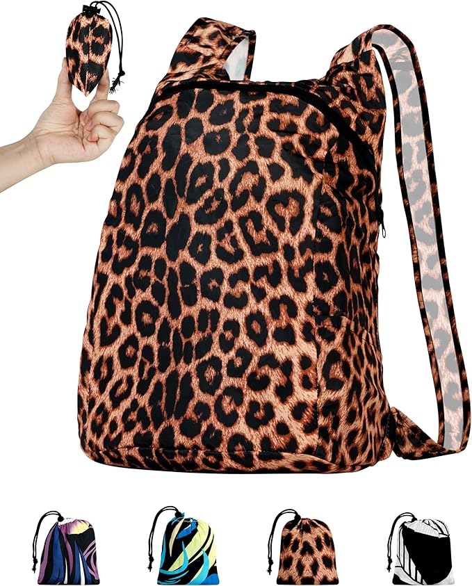 Pocket-Sized Hiking Daypack, Fashion patterns Lightweight 2.8oz, Water resistant Backpack for Women Men Camping (Tiger print)