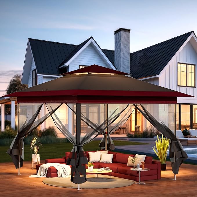 TLSUNNY 11' X 11' Gazebo, Pop Up Outdoor Canopy Tent W/4 Mesh Walls & Wheeled Bag, Screened Shelter with Netting, One-Person Set Up, Height Adjustable, for Patio, Yard, Party, Garden(Burgundy)