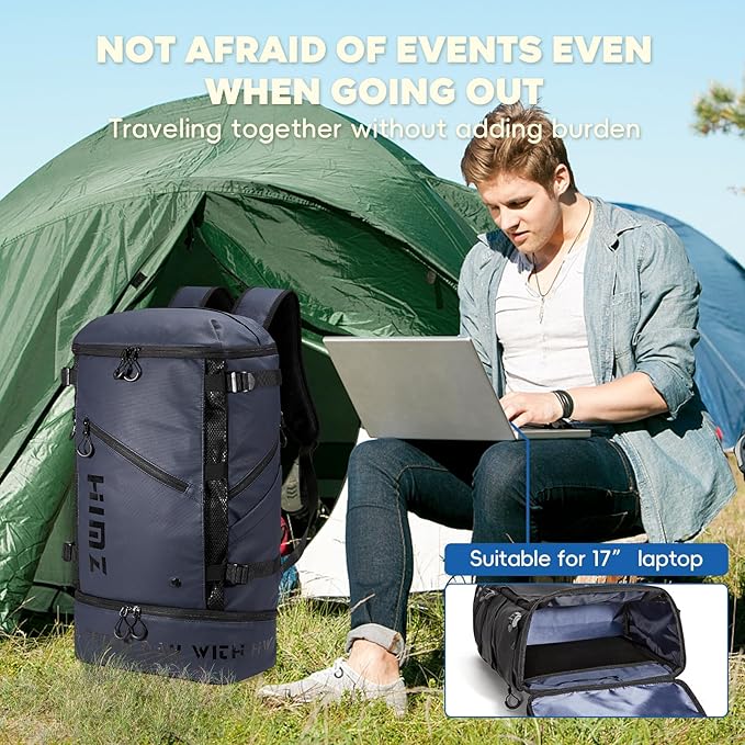 Waterproof Camping Backpack with Lunch Compartment, Mens Backpack Insulated for Work, 17 inch Laptop Bag, Carry On Backpacks for Airplane Beach Travel, Blue