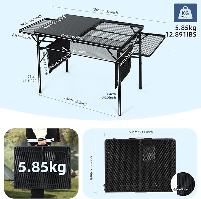 CDEN Camping Table, Grill Table, Folding Outdoor Table with Charging Station, Solar Panel, USB Type-C DC outlets, for Phone provided, 42W Output, 2 Side Shelves, mesh net, Cup Holder