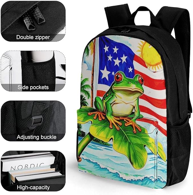 Supdreamc Rucksacks Multipurpose Anti-Theft Big Capacity Bookbag, Flag Of American Palm Tree Frog Travel Hiking Camping Rucksack With Padded Straps