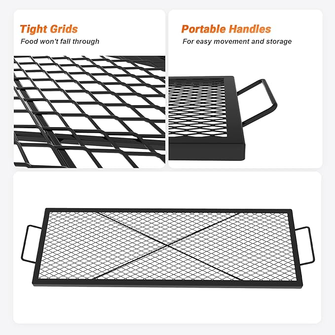 Onlyfire Rectangle X-Marks Fire Pit Cooking Grate, Campfire Grill Grate with Handles Heavy Duty Steel BBQ Grill for Outdoor, 44-Inch
