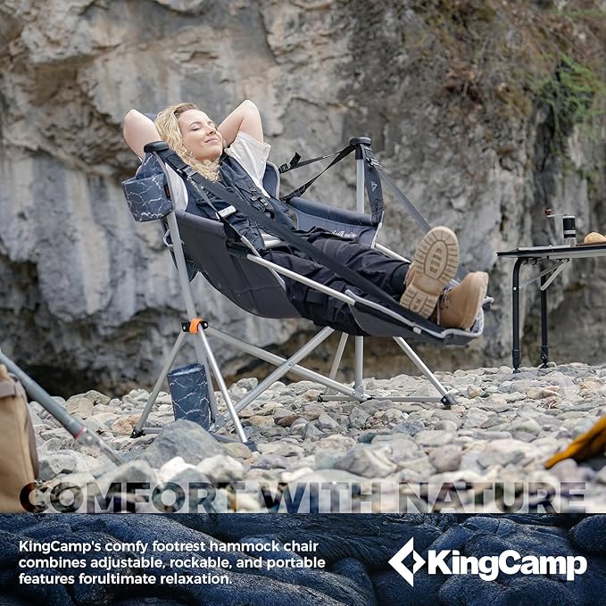 KingCamp Hammock Chair with Footrest, Swinging Portable Folding Camping Chairs for Adults MAX 440lbs Heavy Duty Foldable Oversized Rocker with Cup Holder Pillow for Outdoor Beach Patio Sport Lawn