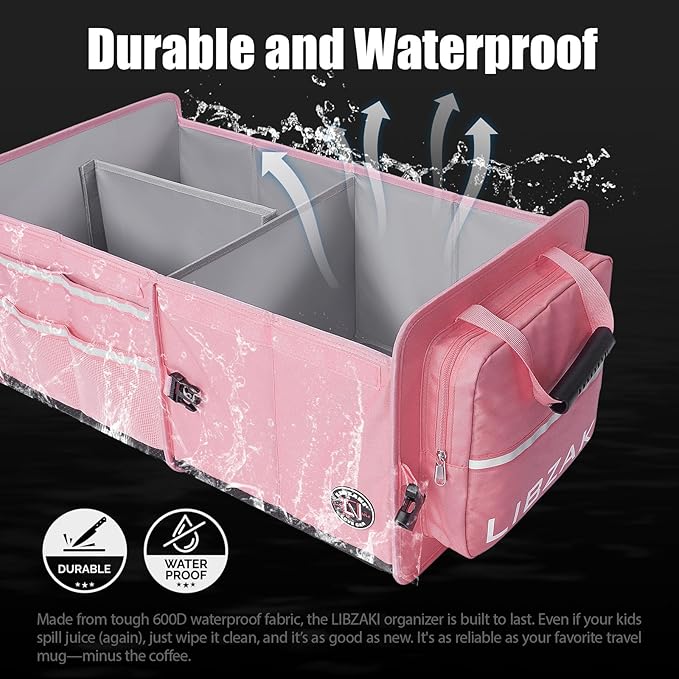 LIBZAKI Car Trunk Storage Organizer, Multi Compartment Collapsible Trunk Storage Box for Car Truck SUV-Pink