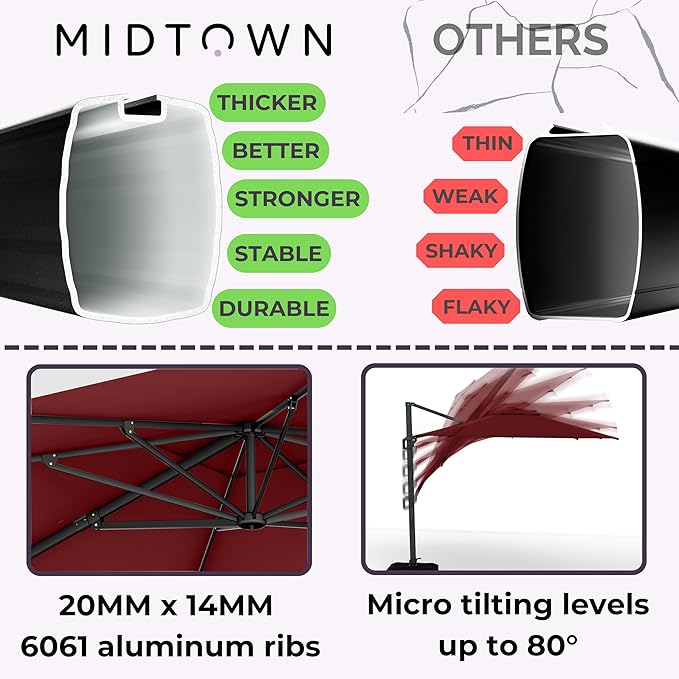 Midtown Umbrellas 10 Ft Outdoor Cantilever Patio Umbrella w/Terylast Cherry Burgundy Fabric - Tilt 360° Offset Patio Umbrella, Deck Patio Umbrella, Backyard Umbrella & Garden Umbrella - Black Frame