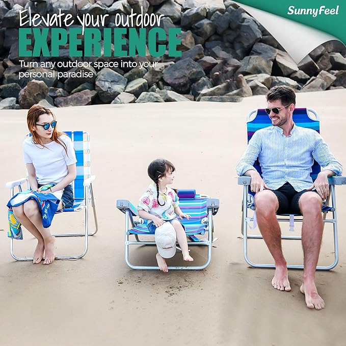 SUNNYFEEL Extra Wide Low Beach Chair 2 Pack 5 Position Lay, XL Oversized Portable Folding Camping Chairs with Cup Holder for Outdoor/Sand, Foldable Backpack Beach Chair for Adults Heavy Duty 500 LBS