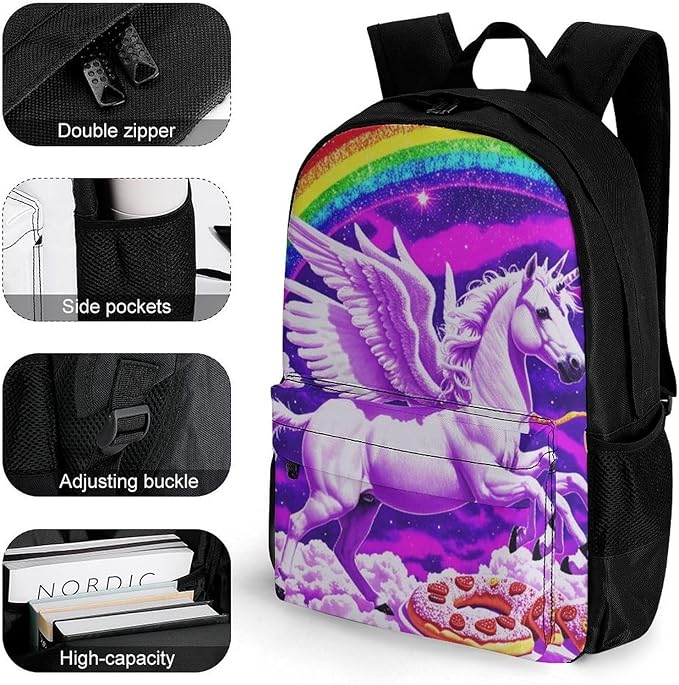 Supdreamc Rucksack Anti-Theft Multipurpose Large Capacity Carry On Bag, Rainbow Unicorn Random Space Galaxy Donuts Travel Hiking Bag Day Pack With Side Pockets