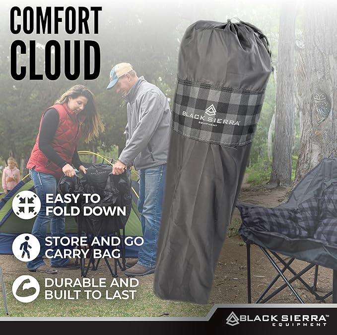 Black Sierra Oversized Camping Chair for Adults, Heavy Duty Outdoor Seat with Plush Padding, Supports 400lbs, Cup Holder & Carry Bag, Comfortable Folding Chair for Tailgating, Patio, & Sideline Events