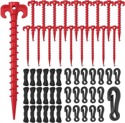 AUGSUN 54 Pieces Plastic Inflatable Stakes Set, Include Tent Stakes, Tethers Ropes and Hooks Heavy Duty Garden Yard Stakes for Christmas Outdoor Decorations Red