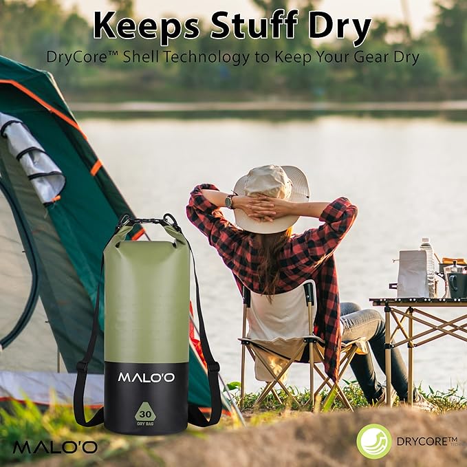 Malo’o DryPack 30L Waterproof Kayak Dry Bag, Heavy Duty Roll-Top Dry Bag with MOLLE Grid and Carry Straps for Fishing, Paddle Boarding, Boating, Camping, and Travel, Green