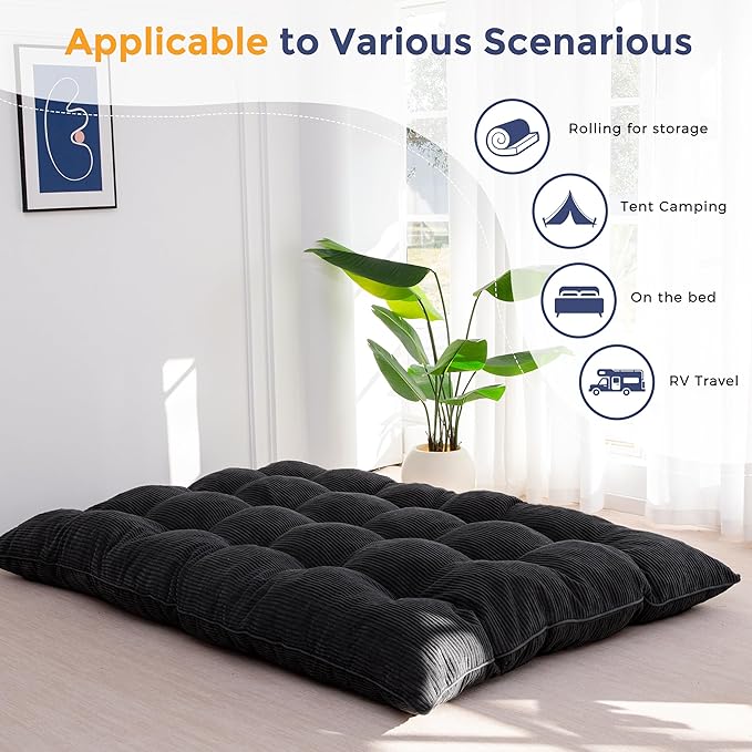 MAXYOYO 6" Japanese Floor Mattress, Foldable Futon Mattress Queen Size, Tufted Roll Up Floor Bed, Thick Tatami Mat Sleeping Pad Portable Lounger for Camping Guest Room Dormitory Bedroom RV, Black