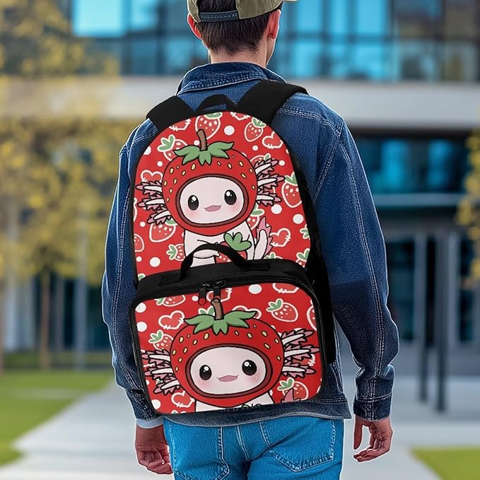 HUGS IDEA Strawberry Axolotl Backpacks for Girls Cute Kids Backpack with Lunch Box Cute Preschool School Bookbag for Kids 3-5 Large 17 Inch Schoolbag Lightweight Girls Book Bags Set