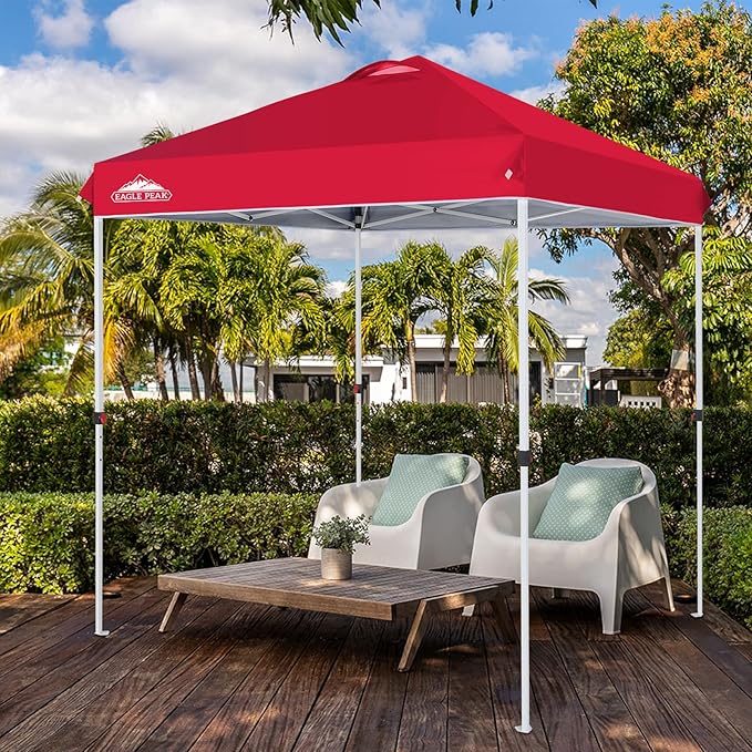 EAGLE PEAK Pop Up Canopy Tent with Wheeled Carry Bag, 8 Stakes, 4 Ropes, Easy Set Up Tent Canopy, 6.6x6.6 ft, Red