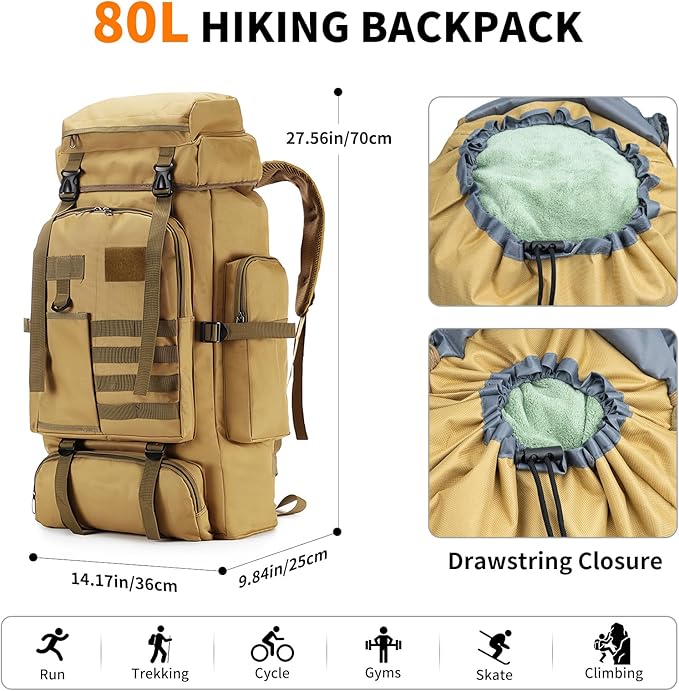 Hiking Backpack Tactical Backpack for Men Women, 80L Military Backpack Rucksack Waterproof Large Travel Camping Backpack for Men, Molle Rucksack Outdoor Sport Travel Cycling Daypack (Khaki)