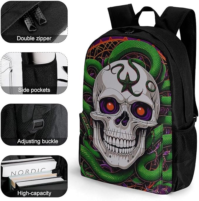 Men Women Polyester Medusa Skull Green Snake Art Daypack Big Capacity Shoulder Bag With Smooth Zippers for Hiking Work Walking Cycling
