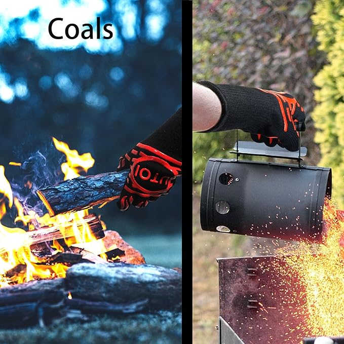BBQ Grill Gloves for Campfire Cooking, 1472°F Heat Resistant Grilling Gloves for Outdoor Cooking, Barbecue, Fire Pit and Smoker, XL Long Oven Mitts for Kitchen and Baking