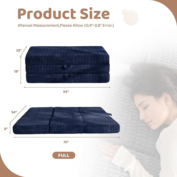 BYBYME Memory Foam Tri-Folding Mattress, 6 Inch Gel Folding Mattress Topper, Foldable Soft Guest Bed Camping Pad, with Washable Cover
