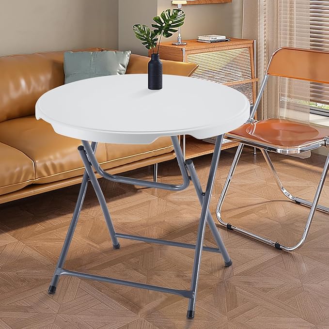 BOOSDEN 32'' Foldable Round Table, Portable Plastic Folding Card Table, Indoor Outdoor Utility Circle Folding Table for Party, Event, Camping, Picnic, Banquet, Beach, BBQ, Dining, Backyard