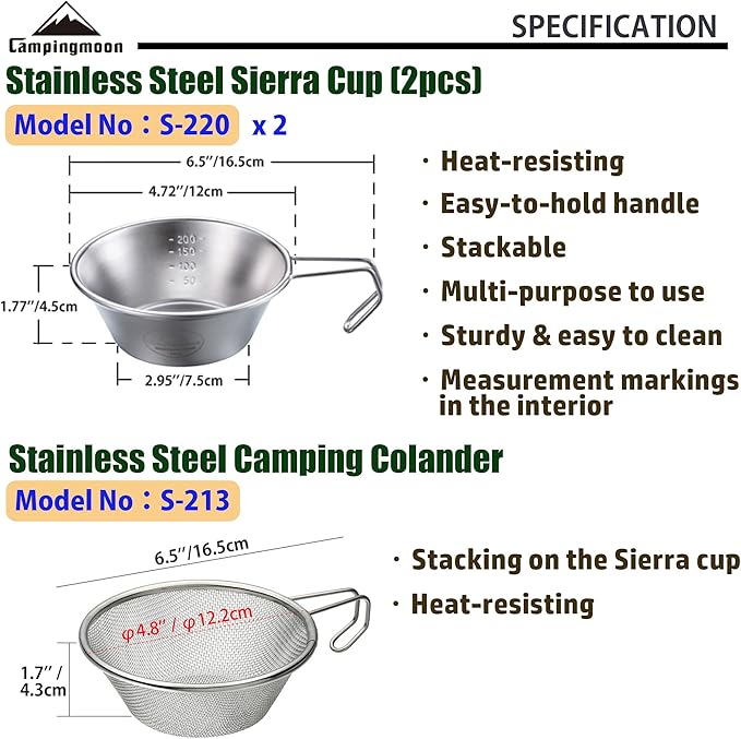 CAMPINGMOON 2pcs Set Stainless Steel Camping Sierra Cup 310ml with 1pc Colander S-220-2P/S-213
