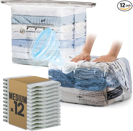 TAILI 12 Pack Cube Vacuum Storage Bags, Medium Size (25x19x11 inch), Vacuum Seal Bags for Clothing, Travel Compression Packing for Clothes, Blankets, Baby Clothes, Travel Accessories