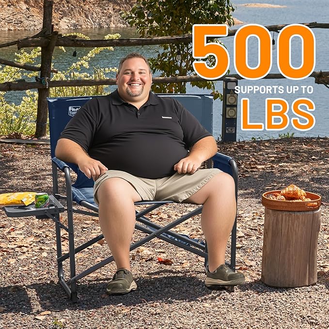 Timber Ridge XXL Director’s Chair – Heavy Duty Folding Chair with Side Table, 500 lb Capacity, Extra Wide Padded Seat for Camping, Sports, Beach, Patio, and Outdoor Use, Blue
