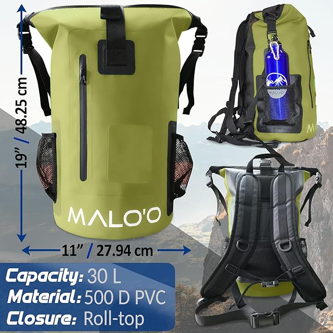Malo’o DryPack 30L Waterproof Backpack, Roll-Top Dry Bag Backpack with Padded Straps, Floating Design for Beach, Kayaking, Fishing, Boating, Travel, and Water Sports, Dark Green