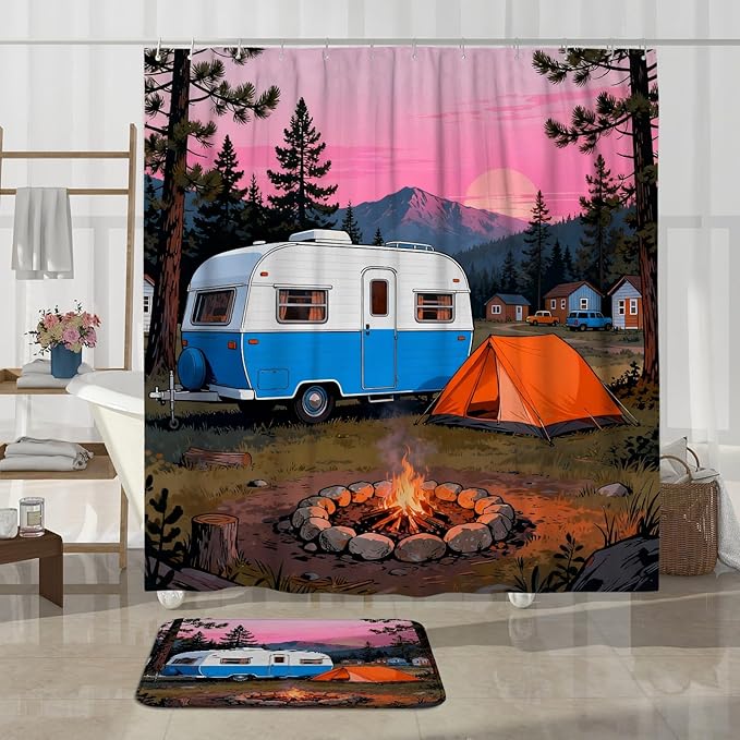 Camping Shower Curtain Sets, Outdoor Adventure Tent Campfire Summer Blue Waterproof Fabric Bathroom Cloth Shower Curtain and Rug Set for Home Bath Toile Hotel Decor 72x72 Inch