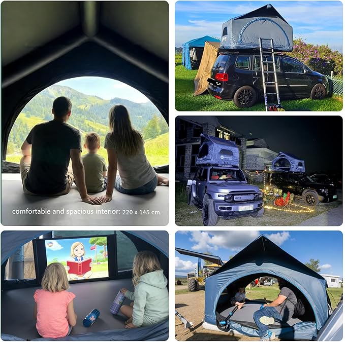PlayDo Air Tents for Camping Rooftop Tent Easy Setup Inflatable Roof Tent Blow Up Car Top Tent for Pickup Truck SUV with Strip Light, Ladder, Air Mattress