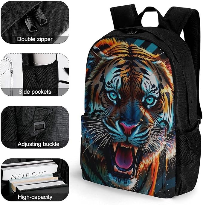 Lightweight Daypack Backpack for Trekking Work Running, Big Capacity Multipurpose Anti-Theft Bookbag, Angry Tiger Rainbow Animal Magic Art Business Computer Bag