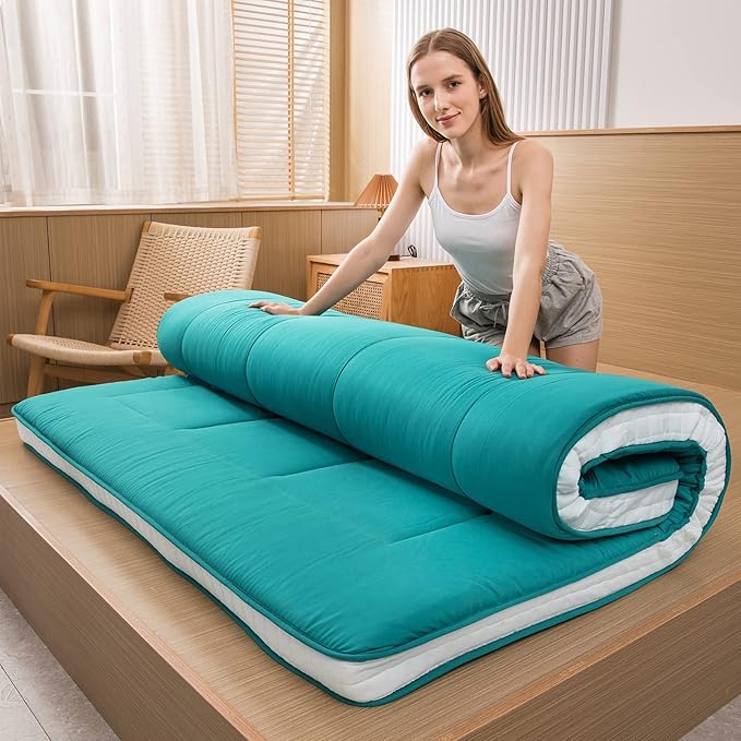 MAXYOYO Twin Bed Mattress Japanese Floor Futon Mattress, Twin Tatami Pad Camping Floor Bed Topper, Easy to Foldable and Portable, Turquoise Futon Single Mat