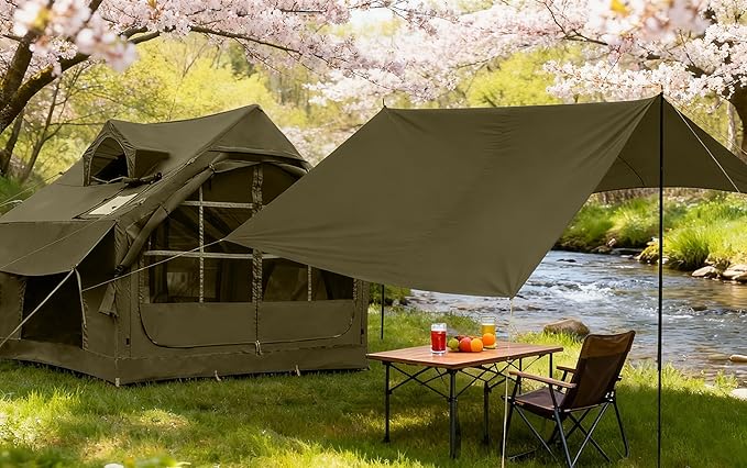 Inflatable Tents for Camping with Stove Jack, 2/4/6/8 Person Easy Setup Blow Up Tents for 4 Seasons Waterproof Inflatable Camping Tent with Awning, Air House Glamping Tents for Camping Adult