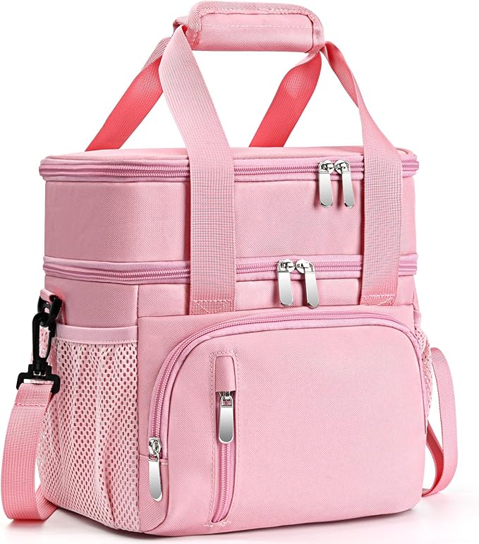 Lunch Box for Women, Double Insulated Lunch Bag Reusable Leakproof Cooler Bag Portable Picnic Food Bag, Adult Lunch Tote Lunch Bag for Work, Construction Worker, Truck Driver, Light Crew-Pink