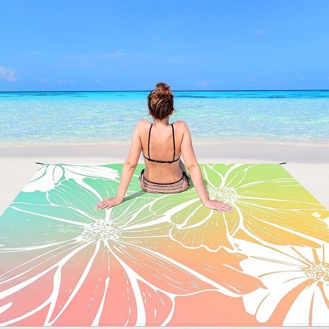 Beach Blanket, Waterproof Sandproof Beach Mat with 4 Stakes & 4 Pockets, 78''×86'' Large Compact Lightweight Sand Free Outdoor Essentials for Beach, Picnic, Travel, Camping