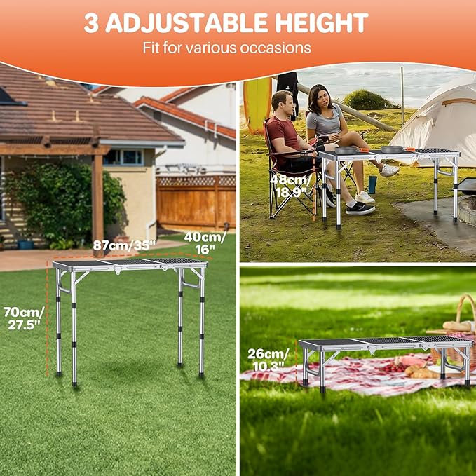 FUNYKICH 3ft Folding Grill Table for Outside 34.2''x15.7'', 3 Height Adjustable Portable Camping Tables, Lightweight Metal Aluminum Outdoor Table with Carry Handle for Camping, Picnic, BBQ, Silver