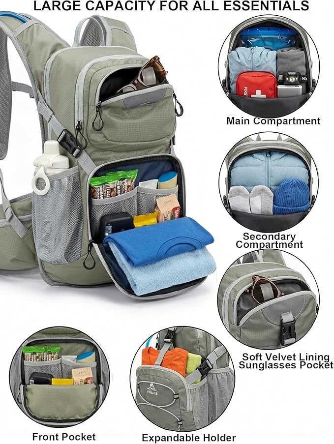 Hydration Backpack with 2L Bladder – Thermal Insulated Water Pack for Hiking, Skiing, Running – Lightweight Daypack for Men & Women, Soft-Lined Sunglasses Pocket & Large Waist Pockets