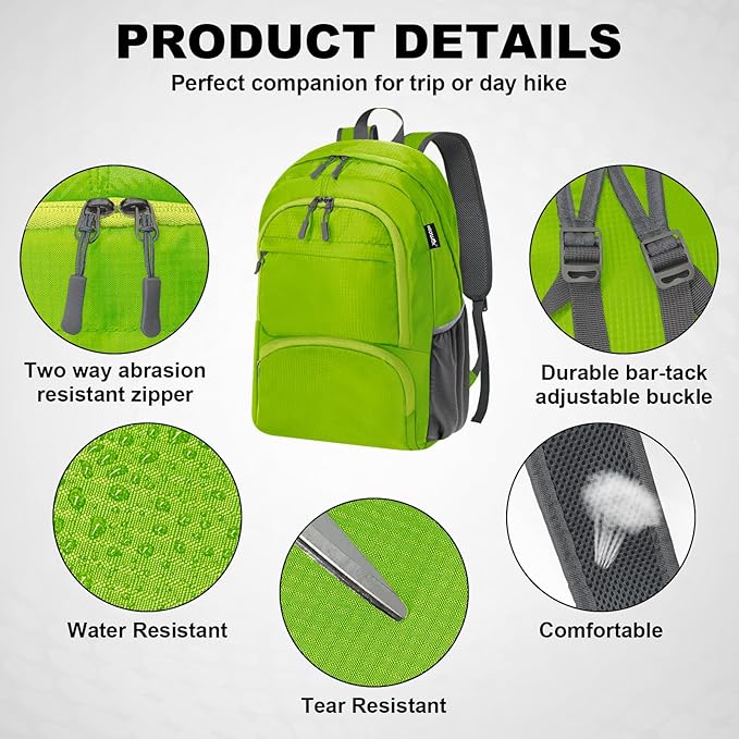 HOLYLUCK 20L Lightweight Packable Hiking Daypack Foldable Backpack for Men Women Small Travel Outdoor Foldable Shoulder Bag-green
