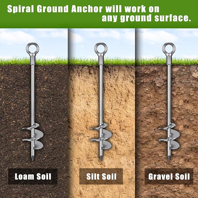 Dolibest 18" Heavy-Duty Ground Anchors Screw in, 3" Wide Spiral Earth Anchors for Swing Set, Wind Resistant Mobile Home, Trampoline, Sheds - Fully Welded Ground Anchors-Set of 6