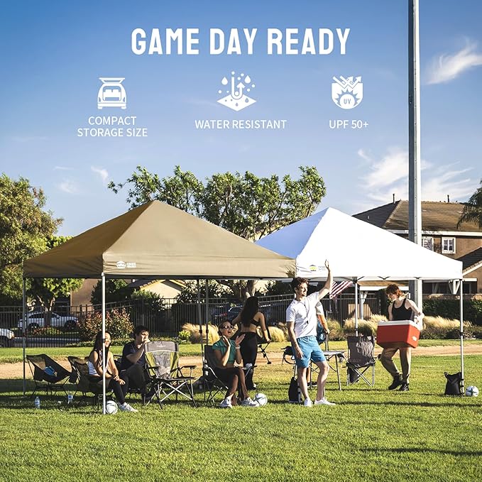 CROWN SHADES 8x8 Pop Up Canopy - Beach Tent with One Push Setup - Easy Outdoor Sun Shade for Events, Parties, Camping - Gazebo with STO-N-Go Cover Bag, Silver Coated Top, Beige