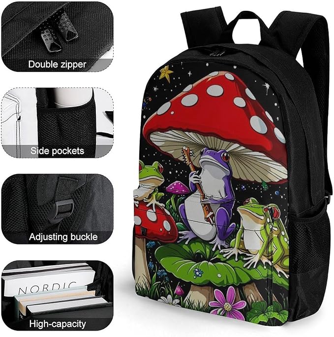 Polyester Daypack Backpack for Trekking Picnic Walking Cycling, Large Capacity Anti-Theft Multipurpose Shoulder Bag, Psychedelic Mushroom Trippy Magic Frog Art Casual Daypack