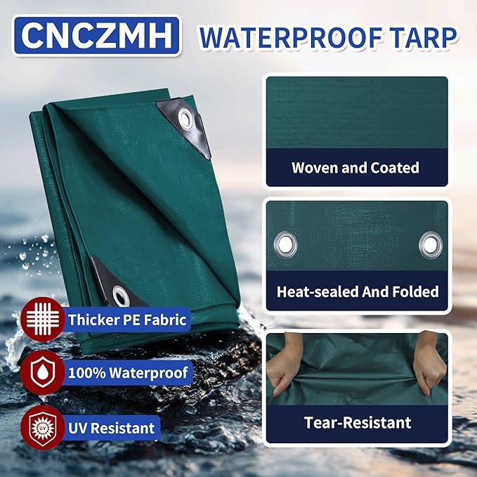 Heavy Duty Tarp Waterproof, 16 Mil Thick Finished Size Tarps Outdoor, Multipurpose Tarpaulin Cover, Small Tarp for Emergency Rain Shelter Camping (Green, 8x10ft)