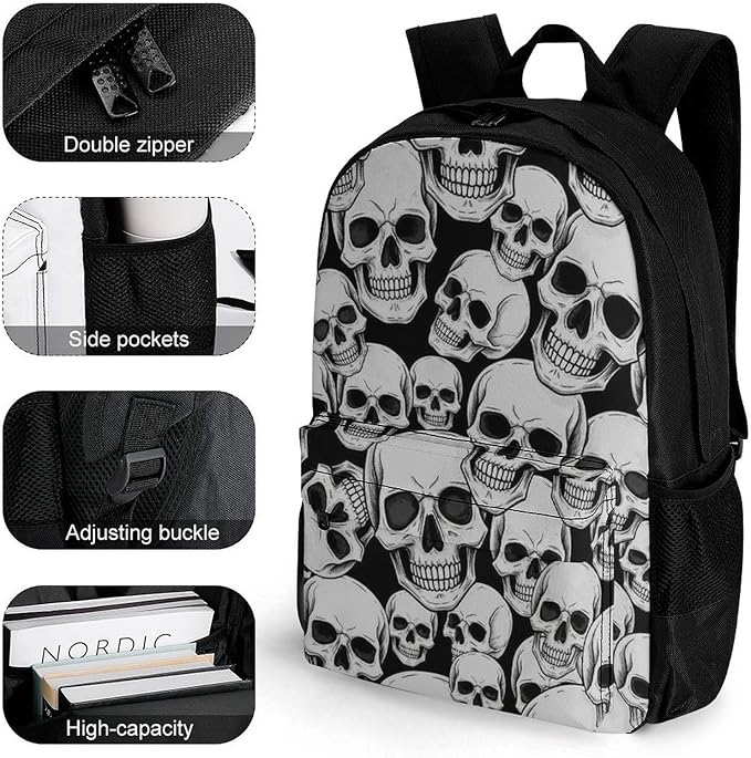 Lightweight Daypack Backpack for Trekking Work Running, Big Capacity Multipurpose Anti-Theft Bookbag, Grey And Black Skulls Head Business Computer Bag
