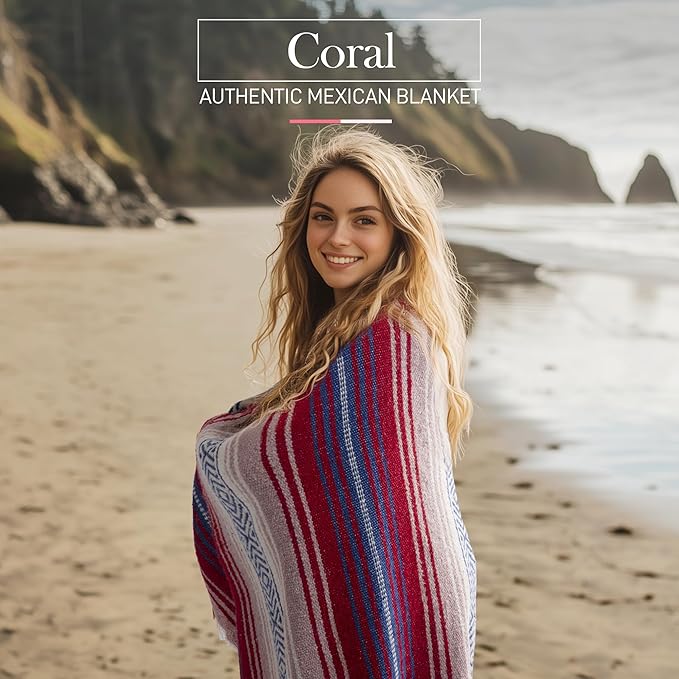 Authentic Mexican Serape Blanket - Soft & Durable - Lightweight Falsa - Coral, 70"x50"