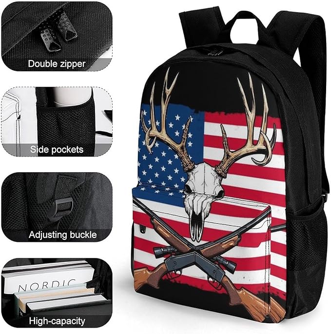 Lightweight Daypack Bookbag for Trekking Business Walking Cycling, Big Capacity Anti-Theft Multipurpose Carry On Bag, Hunting Deer Usa American Flag Black Business Computer Bag