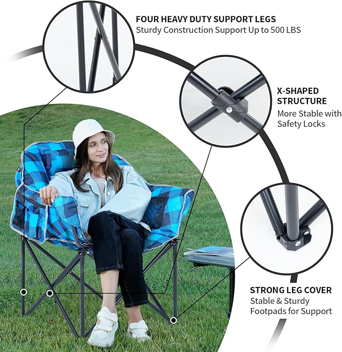 2 Pack Oversized Heated Camping Chair, 3 Heating Levels Portable Folding Camp Chairs with Pillow and Storage Bag, Outdoor Heated Moon Chair for Camping Lawn Patio Beach and Picnics, Blue Grid