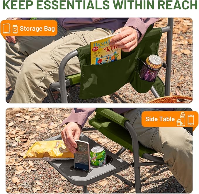 TIMBER RIDGE XXL Director’s Chair – Heavy Duty Folding Chair with Side Table, 500 lb Capacity, Extra Wide Padded Seat for Camping, Sports, Beach, Patio, and Outdoor Use, Green-2 Pack